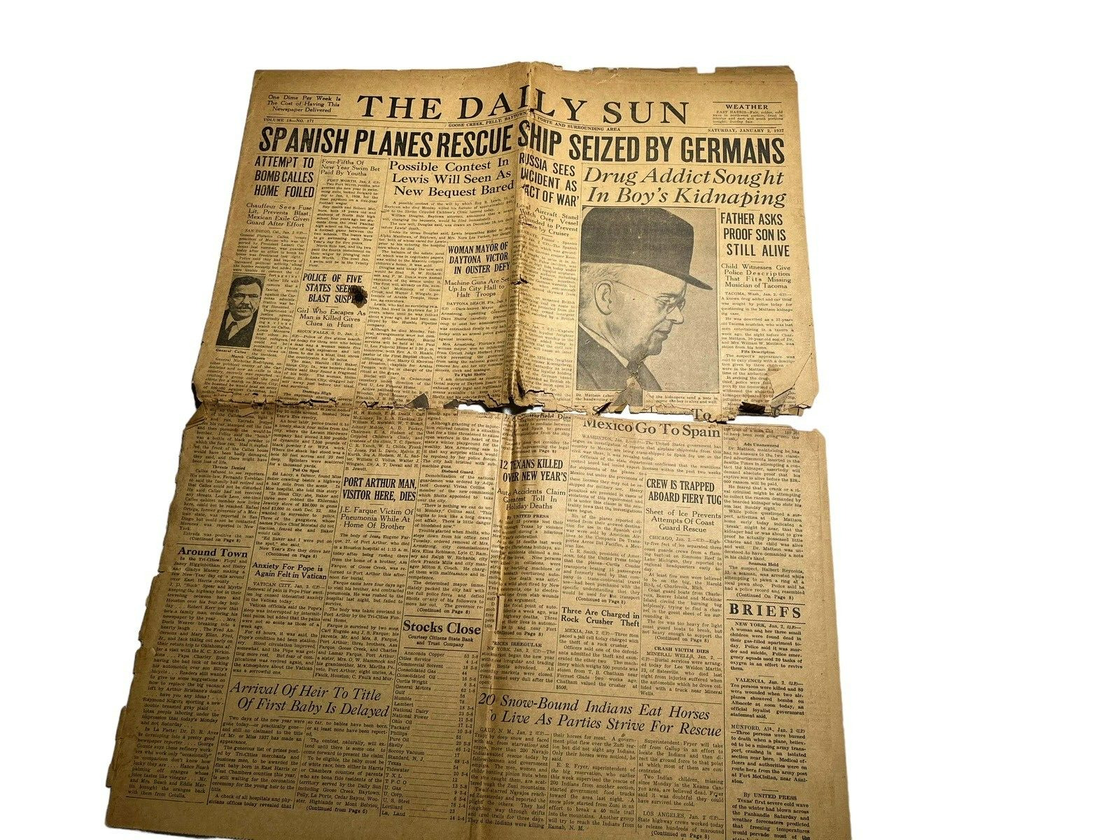 1937 PREWAR SPANISH GERMANY BAYTOWN DAILY SUN GERMANS WW II NEWSPAPER ORIGINAL