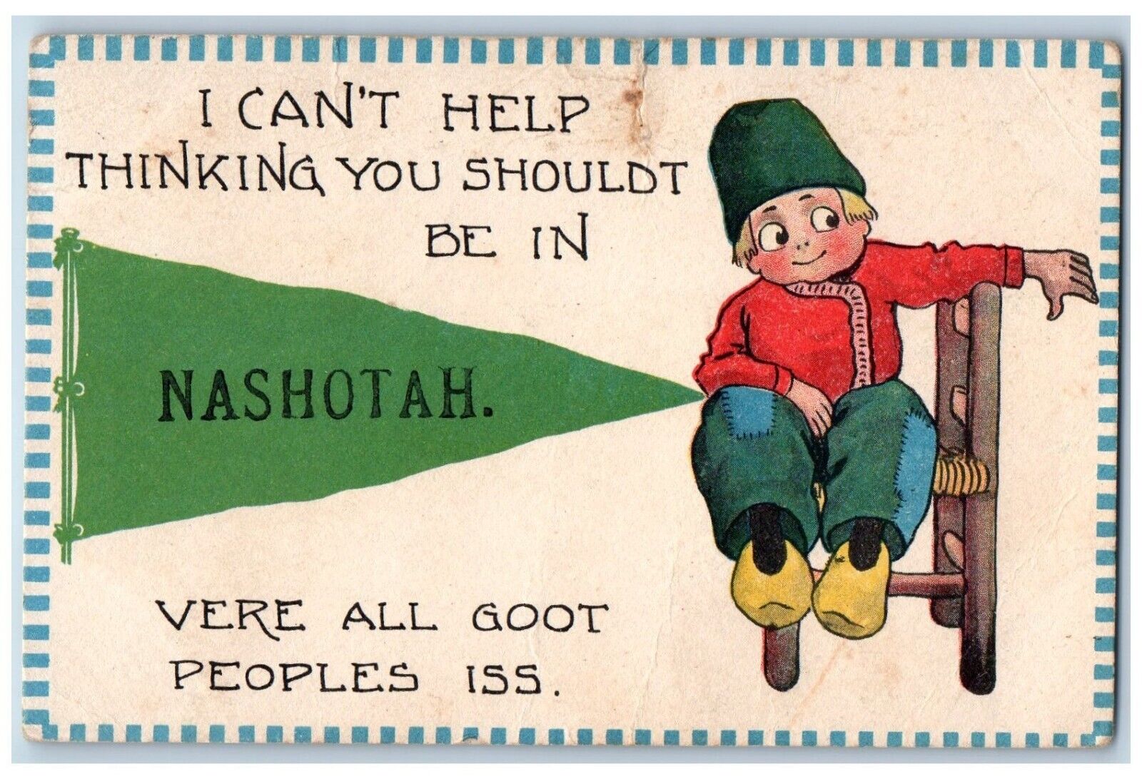 Nashotah Wisconsin Postcard Dutch Kid Sitting Chair Pennant 1913 Vintage Antique