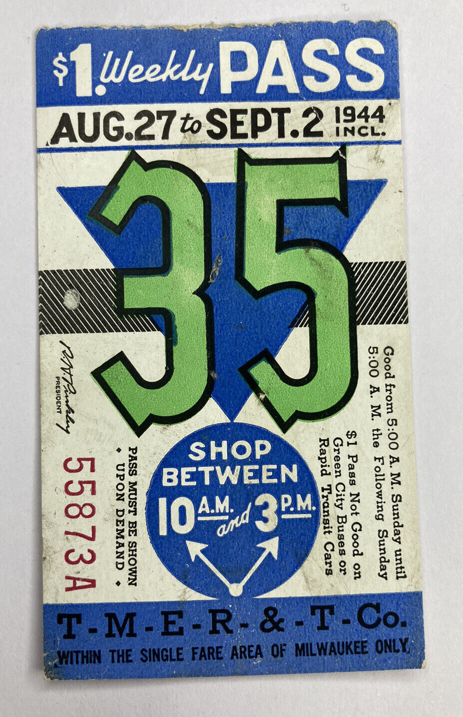 VTG 1944 Weekly Pass MILWAUKEE WISCONSIN Public Transit Shopping Times TMER&TCo
