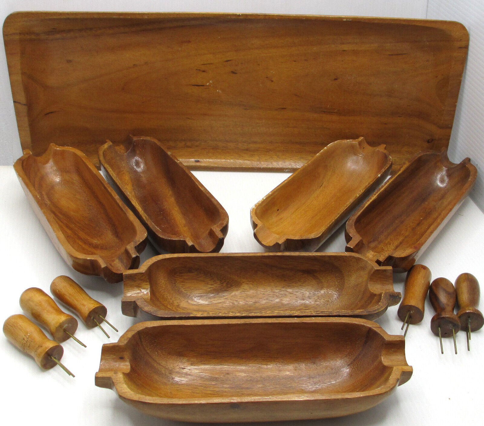 6 Vintage MCM Monkey Pod Wood Corn Cob Holders Tray Spears Bowls Hand Carved