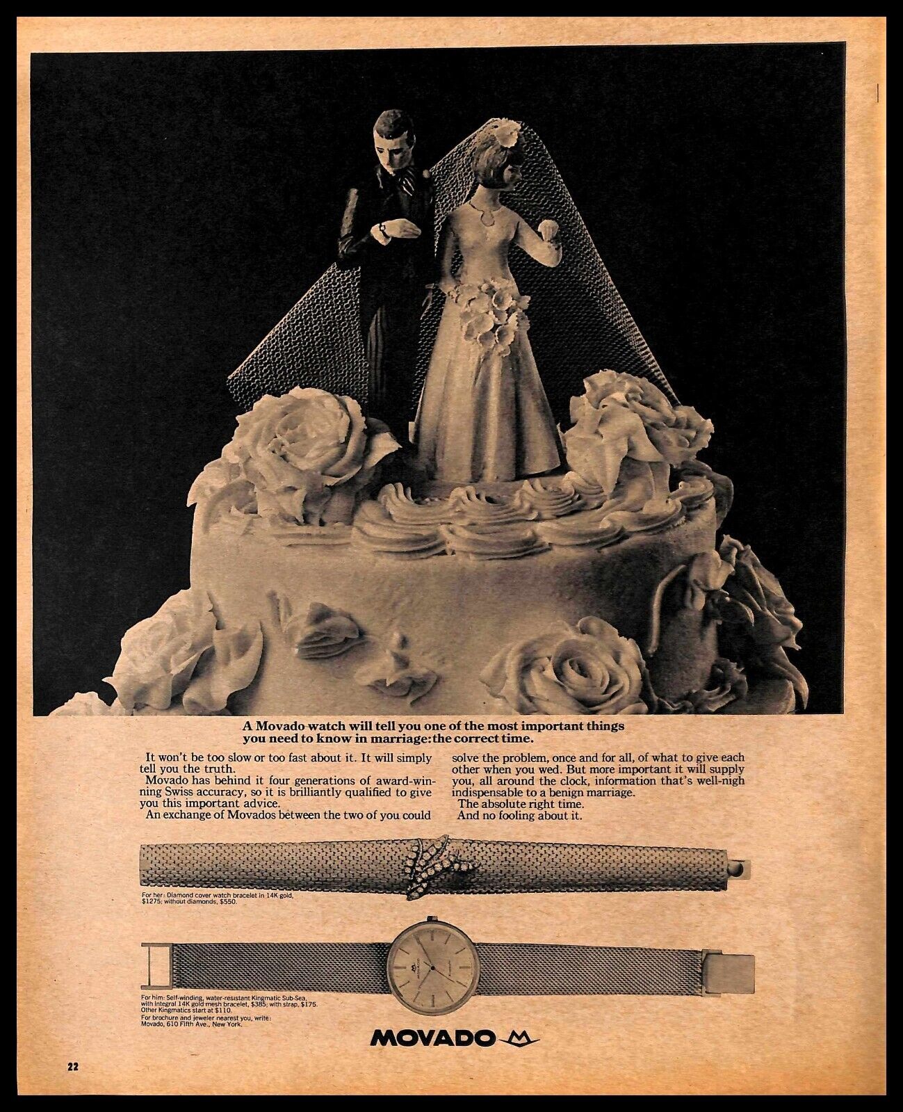 1965 Movado Watch Vintage PRINT AD Wedding Cake Timepieces Elegance