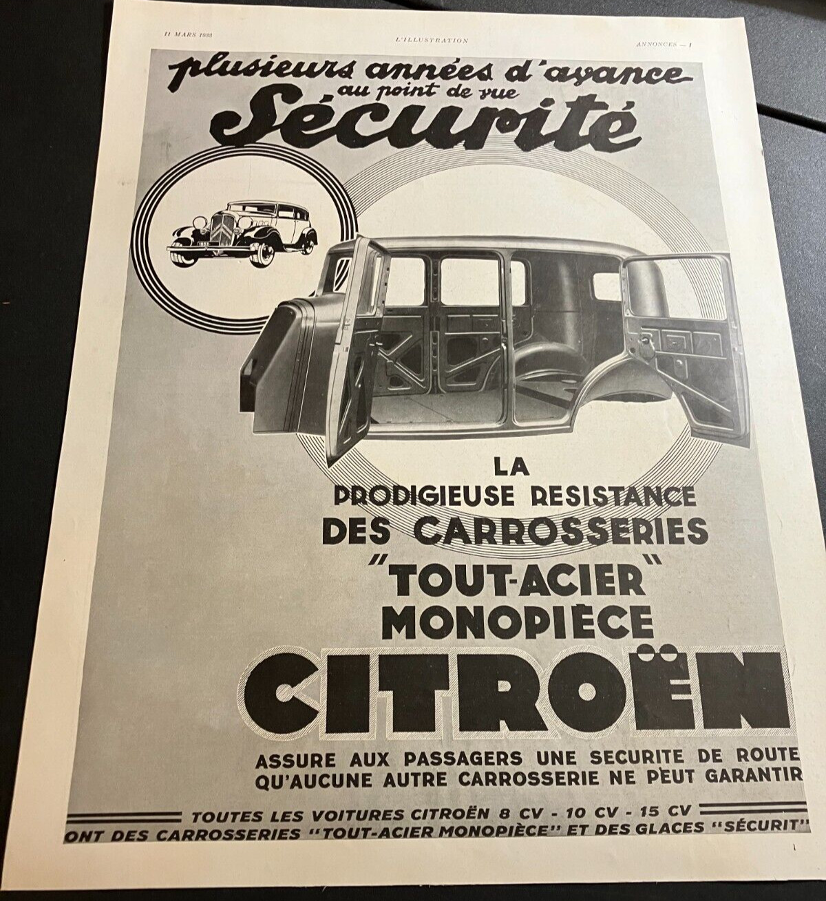 1933 Citroen 15cv All Steel Bodywork - Vintage Original French Print Ad Wall Art