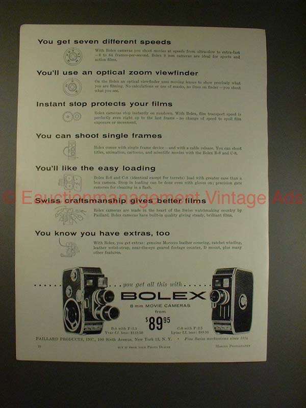 1955 Bolex B-8 & C-8 Movie Camera Ad - Seven Speeds