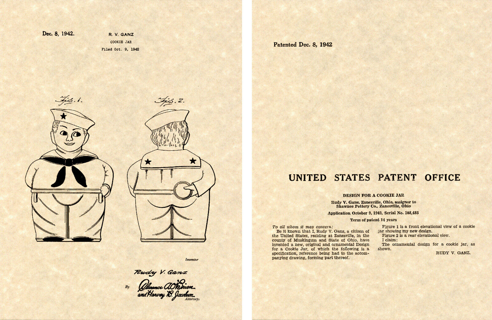 SHAWNEE SAILOR BOY Cookie Jar US Patent Art Print READY TO FRAME 1942 Ganz 