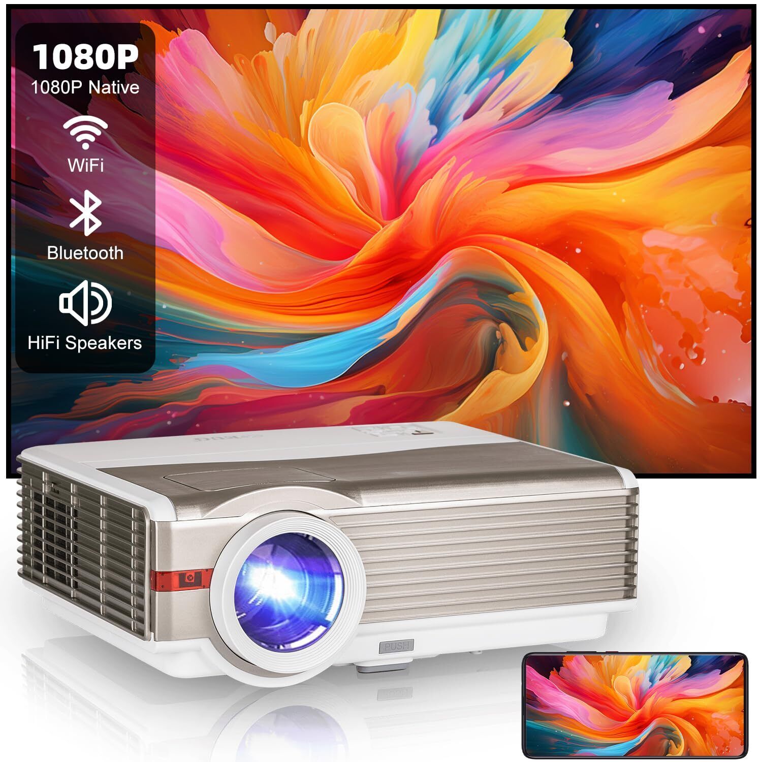 Smart Projector with Android TV Streaming Apps, Full HD LED Gaming White&Gold 