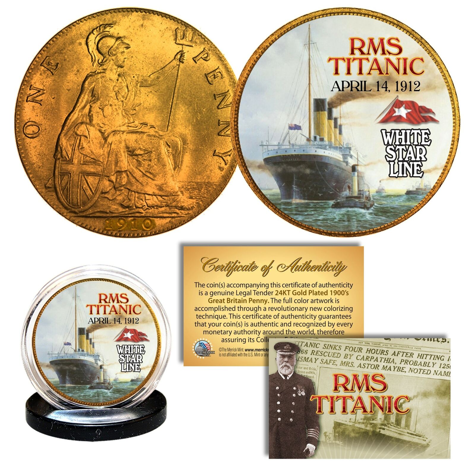 RMS TITANIC  April 14, 1912  Colorized 1900’s Gold Clad Great Britain Penny Coin