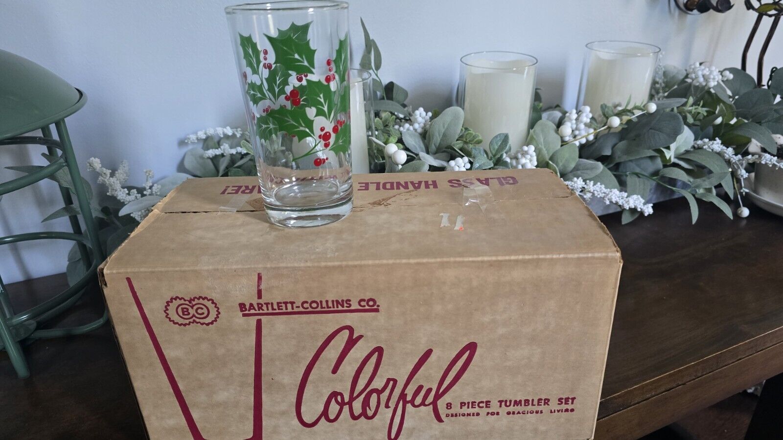 Vintage Bartlett-Collins Christmas Holly Tumblers - set of 8, in original box
