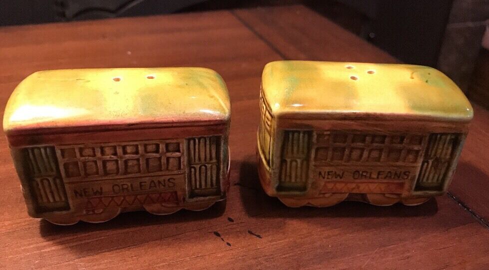 Vintage New Orleans Salt and Pepper Shakers Streetcar Desire Trolly Gold Car Set