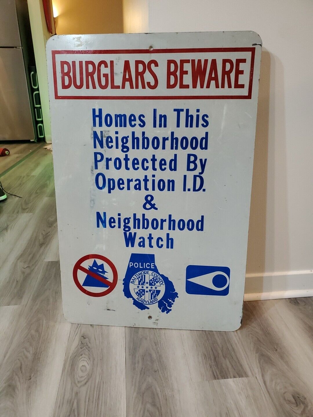 c.1970s Original Vintage Burglars Beware Sign Metal Baltimore Maryland Police 