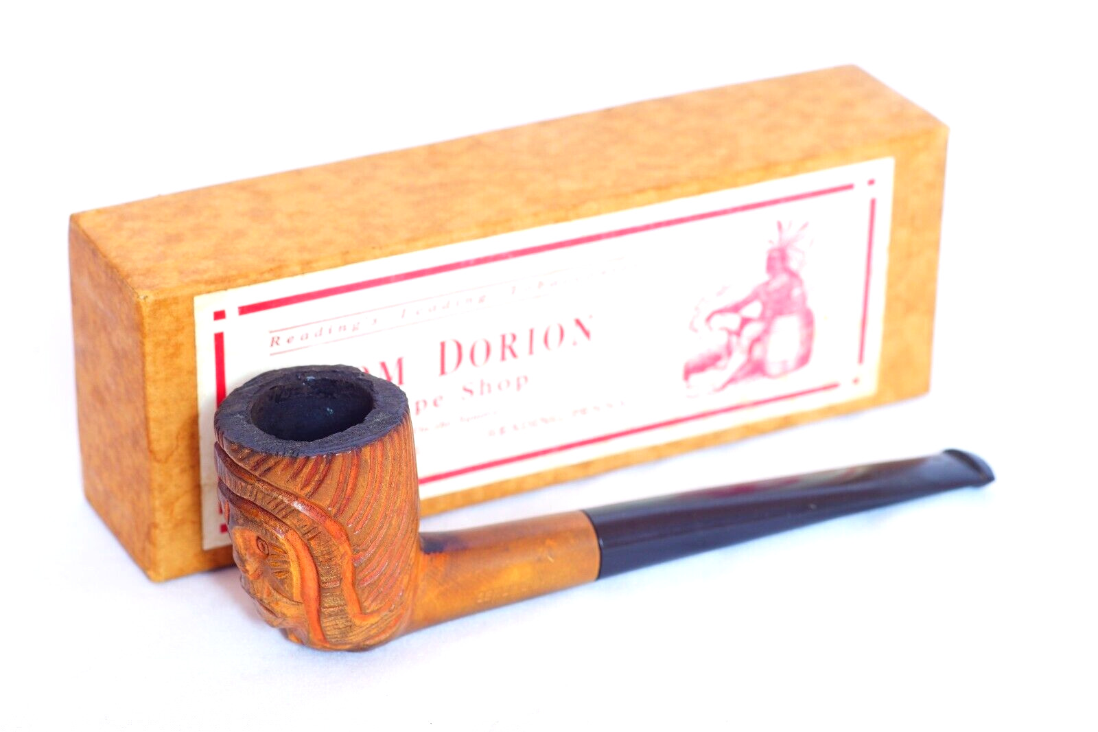 1950\'s Tom Dorion Reading PA Carved Indian Head Imported Briar Tobacco Pipe