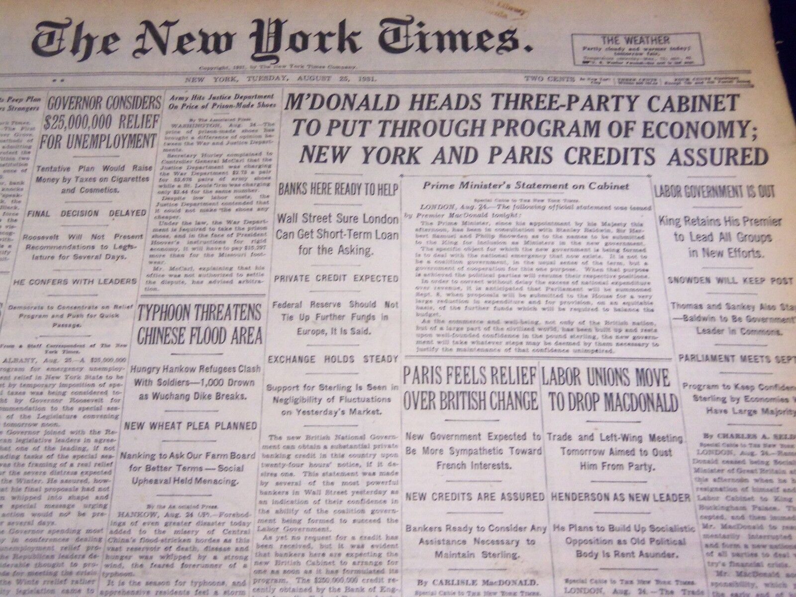 1931 AUG 25 NEW YORK TIMES - M'DONALD HEADS THREE PARTY CABINET, LABOR - NT 2438