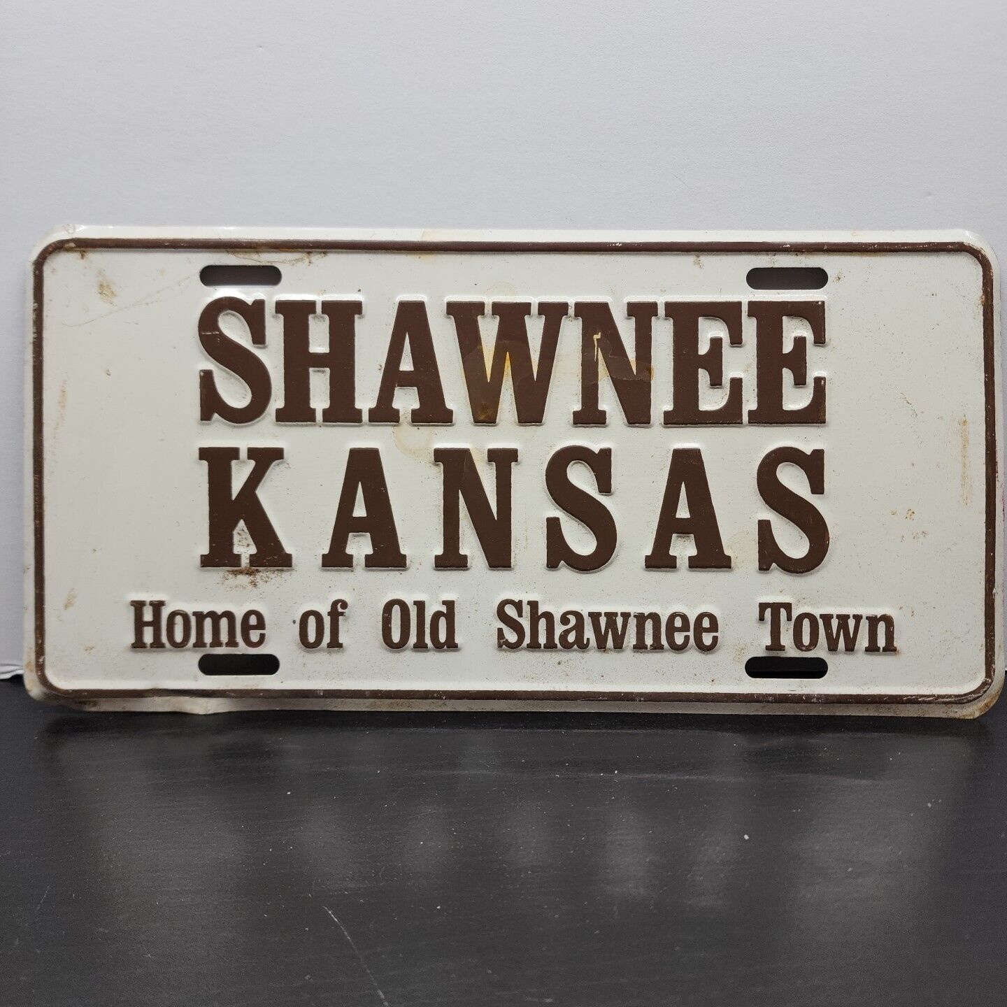 Antique Shawnee Kansas Rare Emboss License Plate Home Of Old Shawnee Town Vtg 