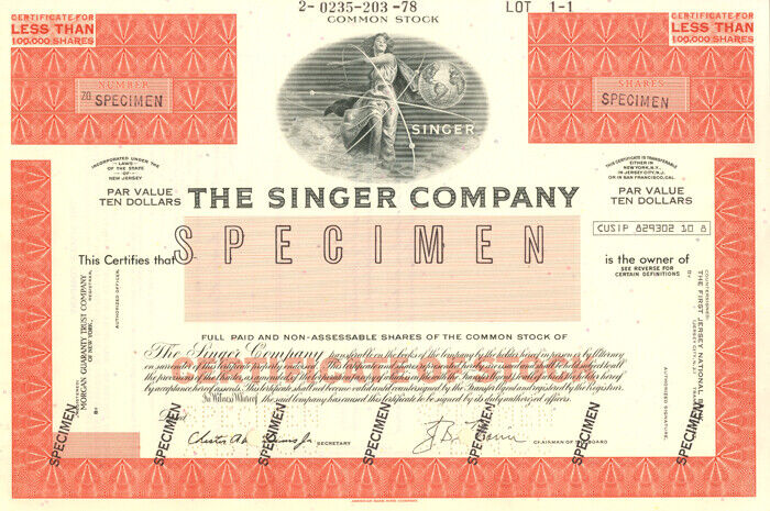 Singer Co. - Specimen Stock Certificate - Specimen Stocks & Bonds