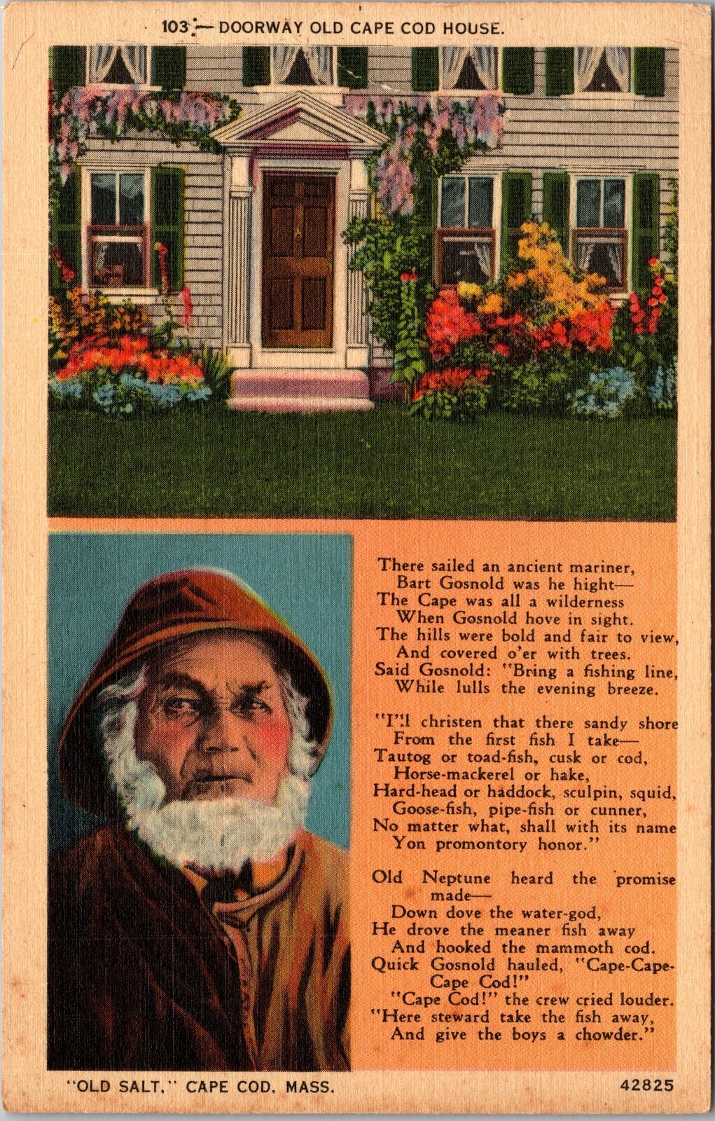 Cape Cod MA-Massachusetts, Old House Doorway, Old Salt & Poem Vintage Postcard