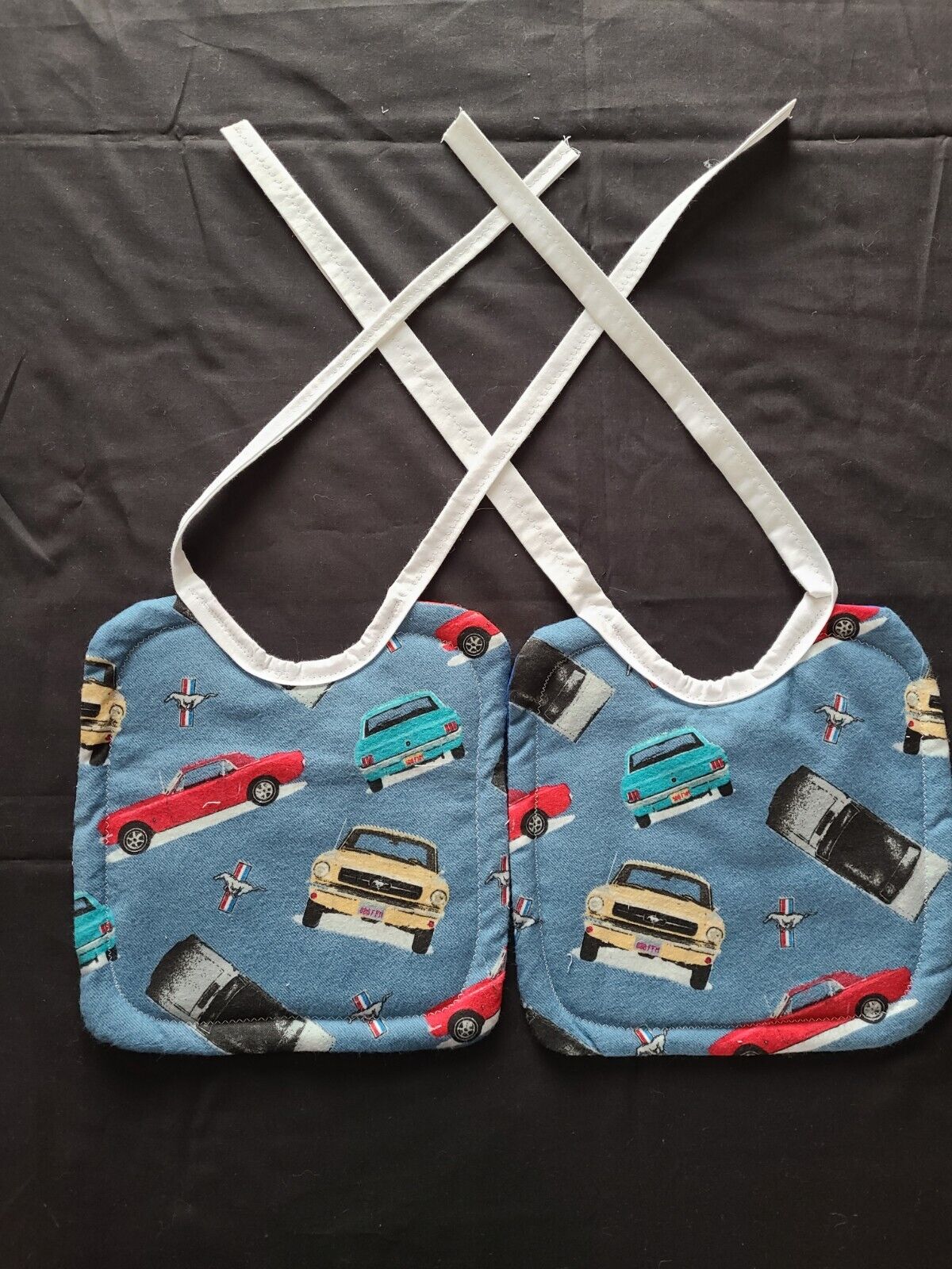 2 NEW LARGE HANDMADE FORD MUSTANG BABY/TODDLER BIBS WITH TIES