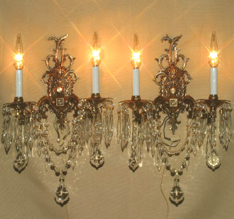 Vintage ornate cast Gilt Bronze Brass Crystal lamps wall Sconces French  Spain