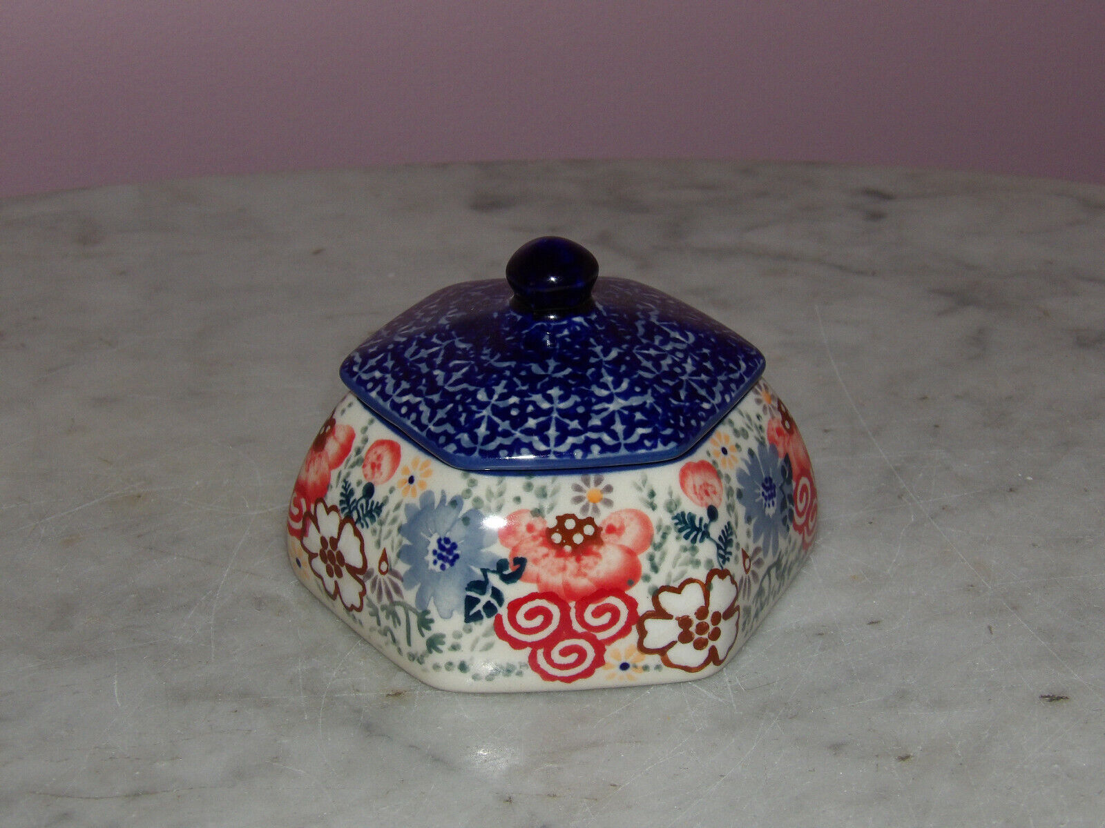 Polish Pottery Hex Trinket Box UNIKAT Signature Sweet Harmony Pattern
