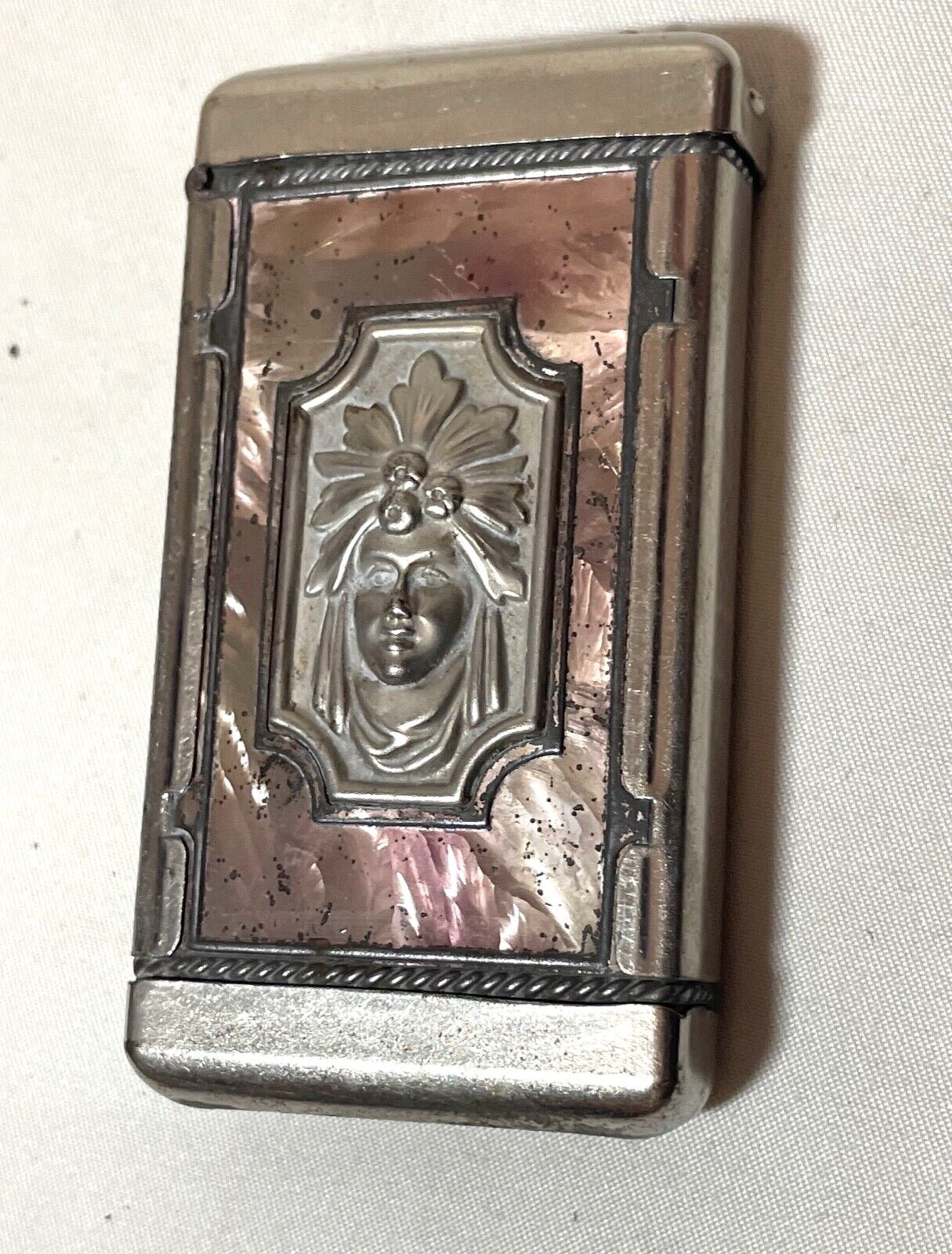 antique figural dog lady silver plate metal vesta match safe vesta case box
