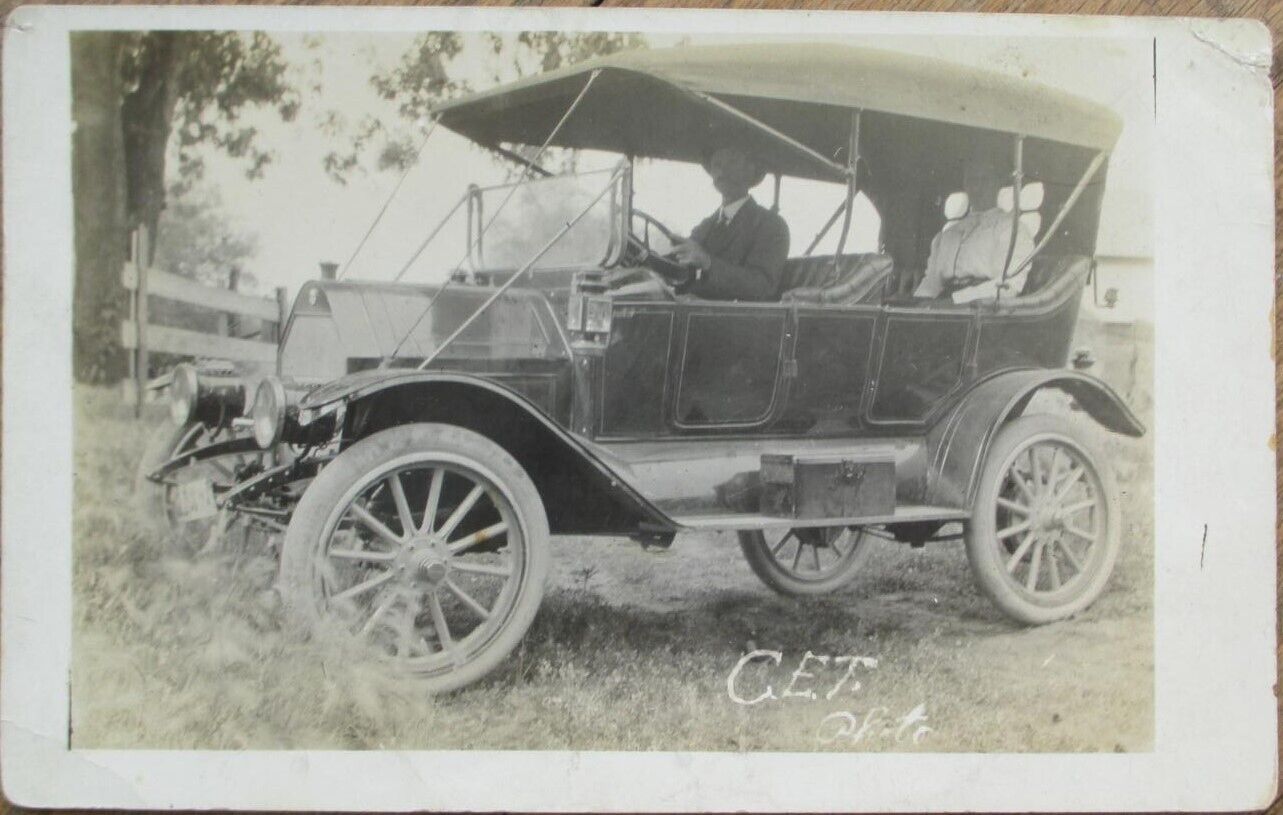 Car Automobile 1910 AZO Realphoto Postcard, Man Driving Woman Rppc
