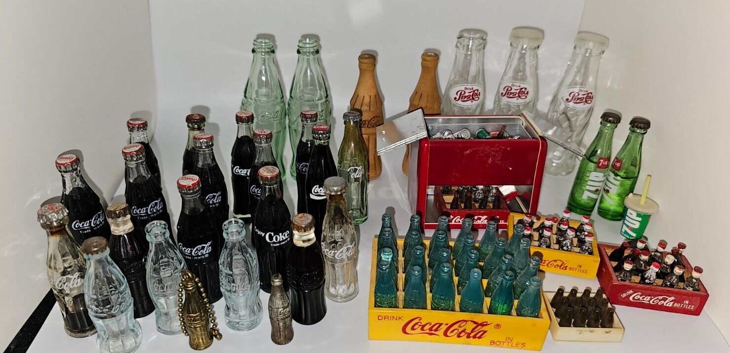 Vintage Large Lot Mini Asst Sizes Soda Bottles & Mini Cooler Coke Pepsi 7-up (T)