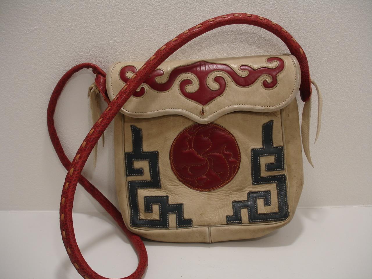 Vtg Tribal Ethnic Mongolian Applique Leather Crossbody Bag Purse Tote Flap Red