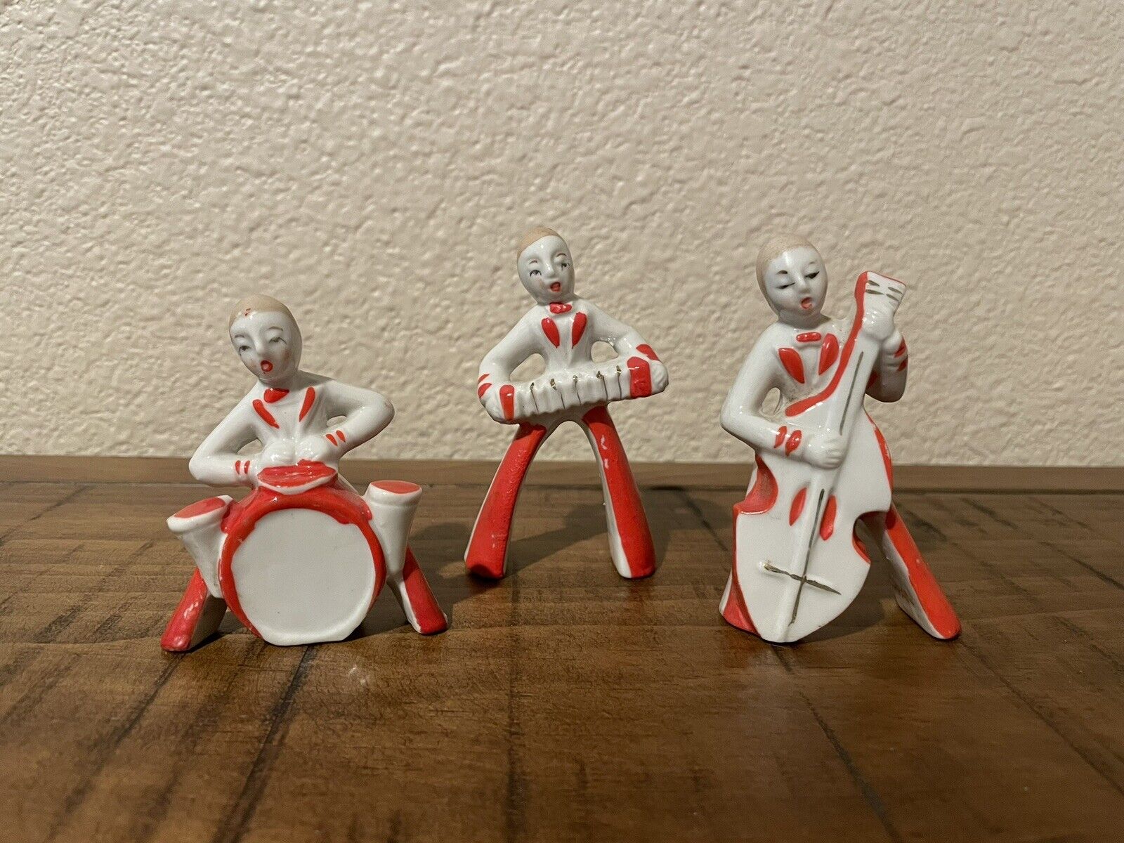 3 Vintage Porcelain Musician Figurines 1960’s Japan Drums Bass Accordion *Rare*