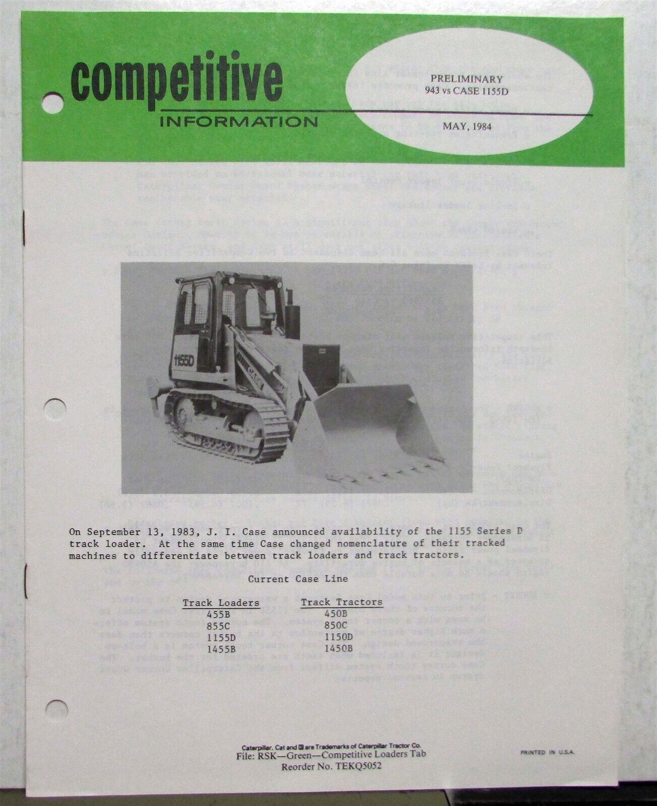 1984 Caterpillar 943 Track Loader Case Spec Construction Competitive Info PRELIM