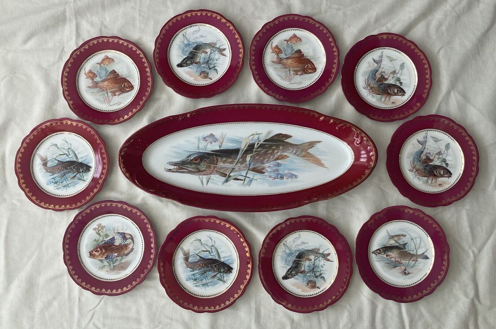 Antique Fish Platter & 10 Plates, Red & Gold Porcelain Austria