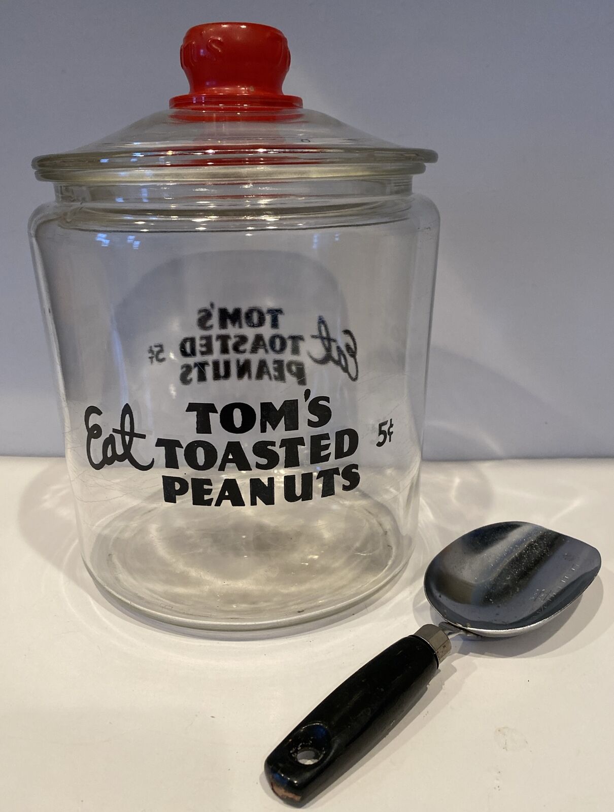 Tom’s Toasted Peanuts Glass Container w Lid & Original Scooper 10” Tall Vintage
