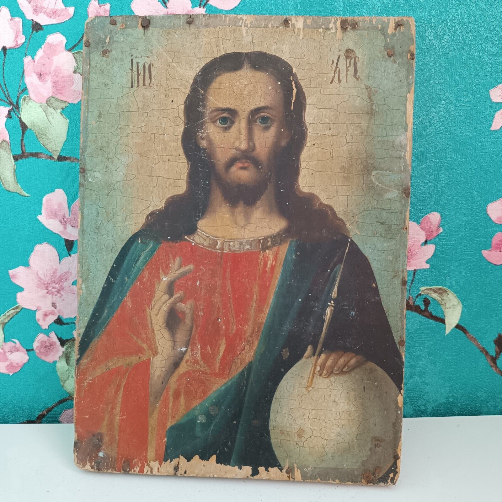 Antique Ukraine 19th century Hand Painted Wood Orthodox Icon of Jesus Christ.