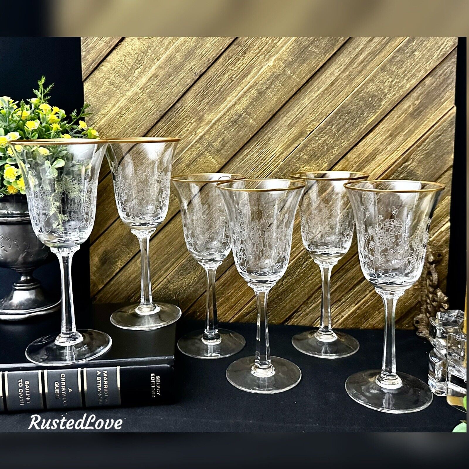 Lenox Fontaine Wine Glasses Etched Flowers Gold Rim Vintage 6 3/4\