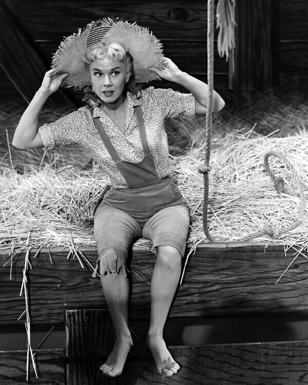 Doris Day in hay loft in hat and dungarees 1950's era 8x10 inch photo