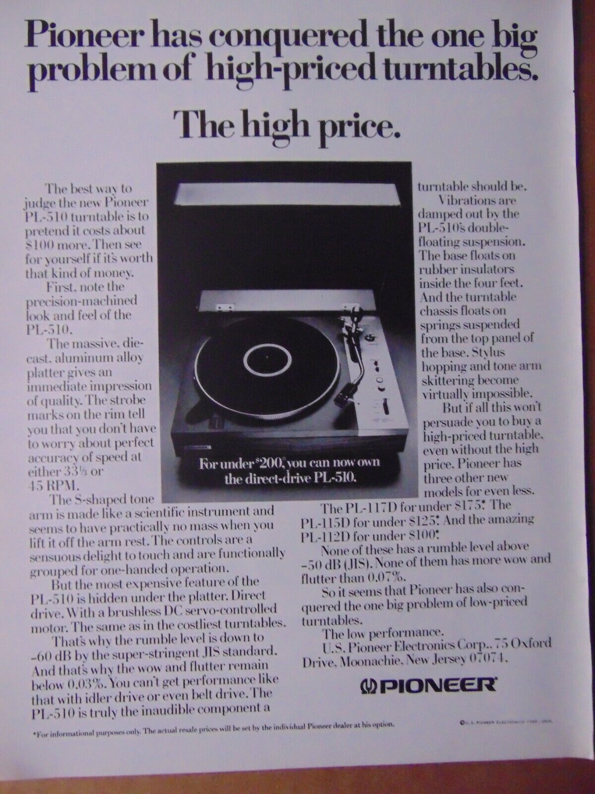 1977 PIONEER PL-510 Direct Drive Turntable vintage art print ad