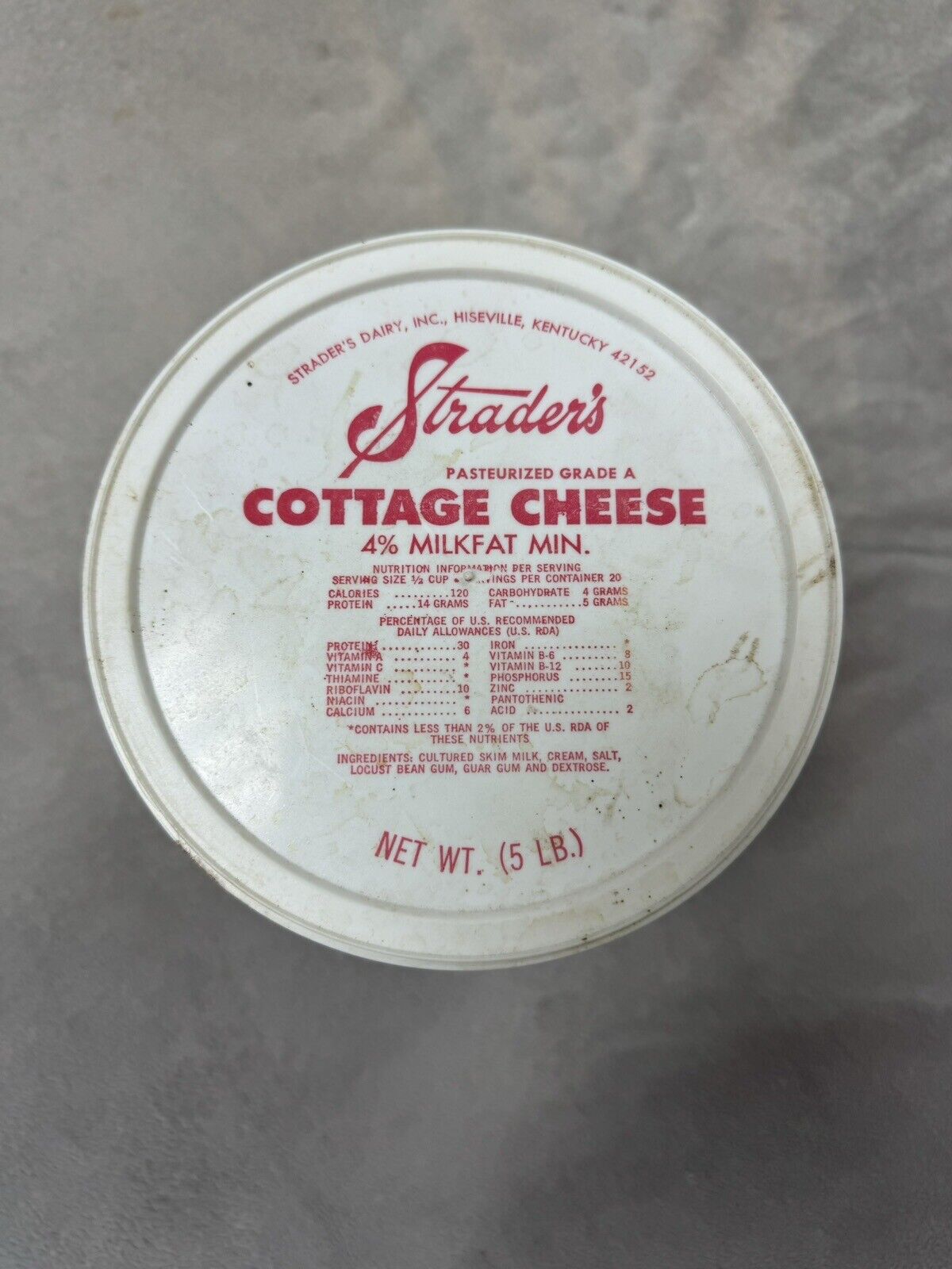 Vintage Antique STRADER'S Cottage Cheese Container w/Lid 5 Pound Hiseville KY 