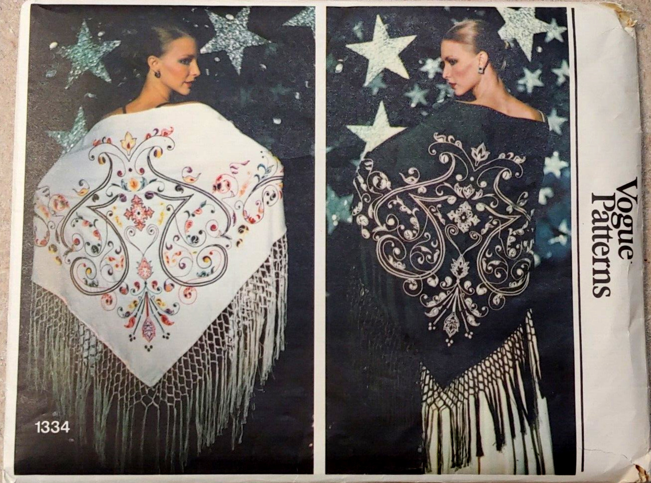 Vogue 1334 Vintage 70s Embroidered Triangular Shawl Fringe One Size w/Transfers.