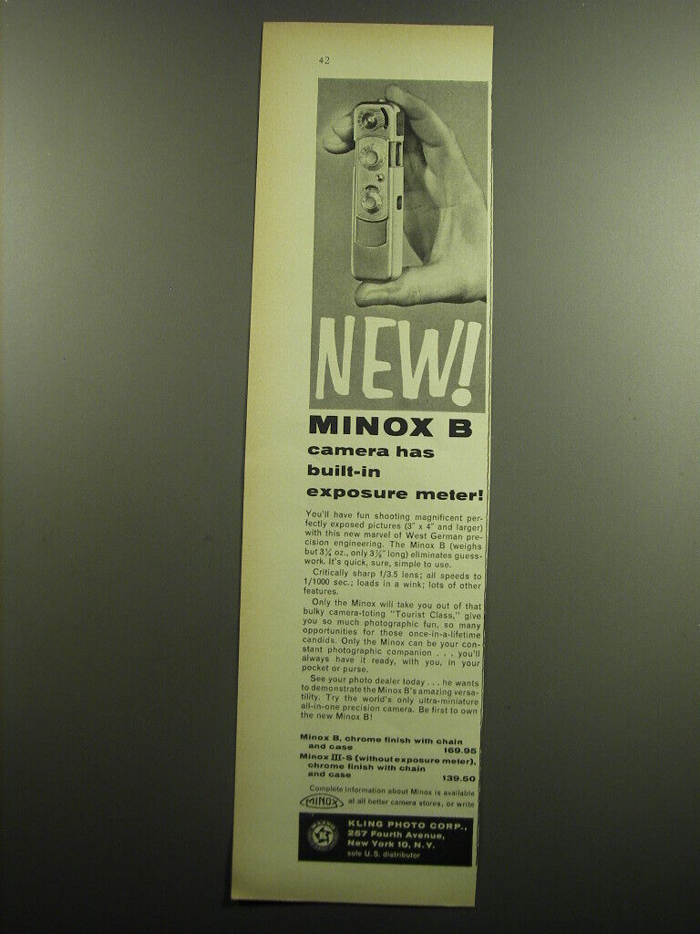 1958 Minox B Camera Ad - New Minox B camera has built-in exposure meter