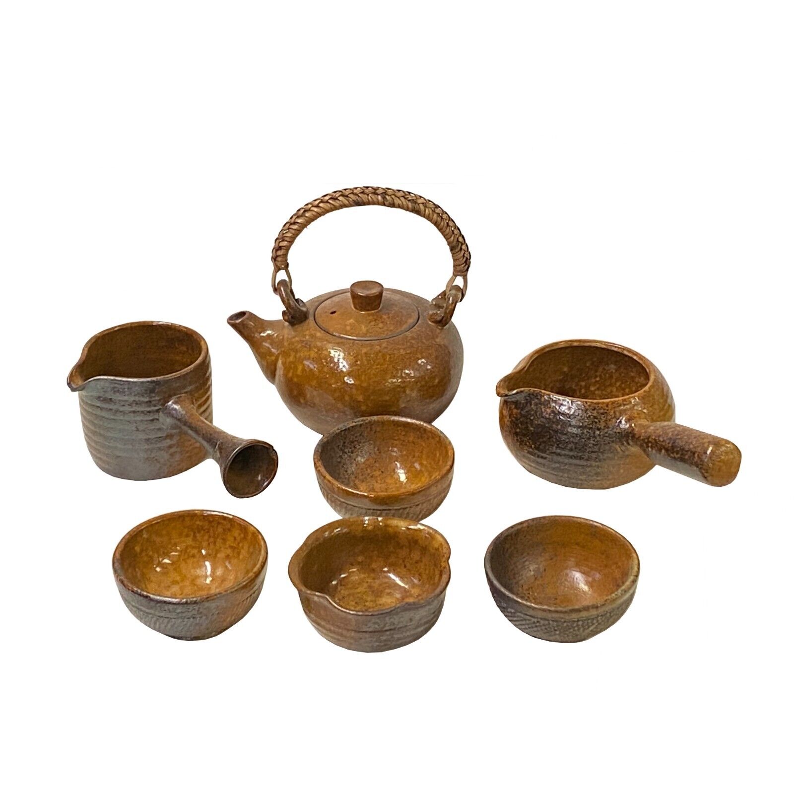 Set 7 Pieces Ceramic Copper Color Glaze Teapot Teacups Deco Display ws3301