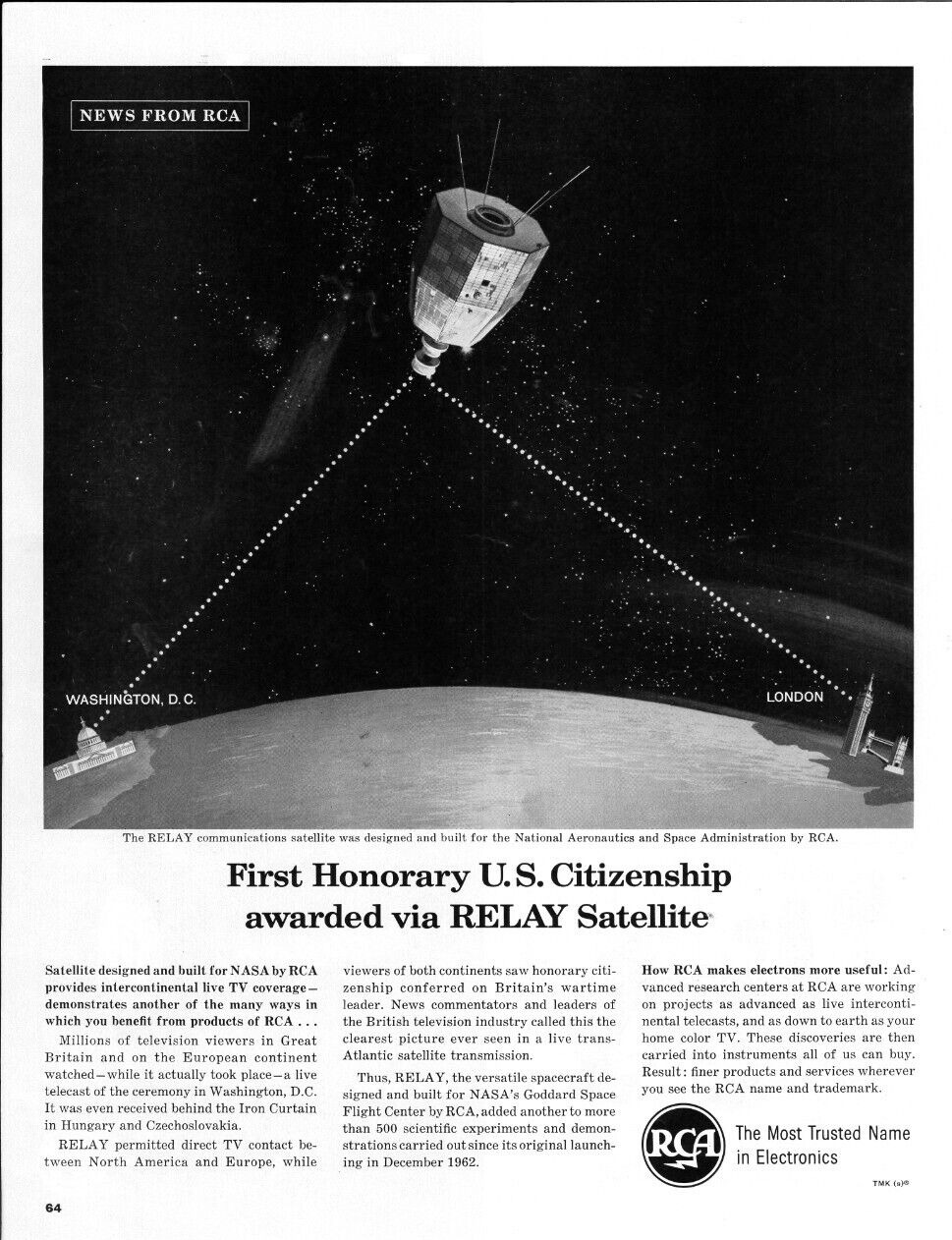 1963 RCA Relay Satellite NASA Space Communications TV Vintage Print Ad