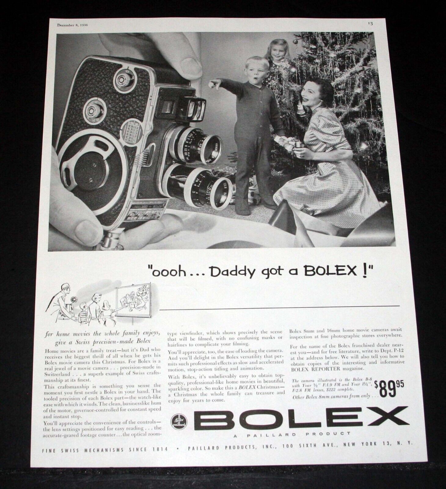1956 OLD MAGAZINE PRINT AD, SWISS, PAILLARD BOLEX MOVIE CAMERA, FOR CHRISTMAS