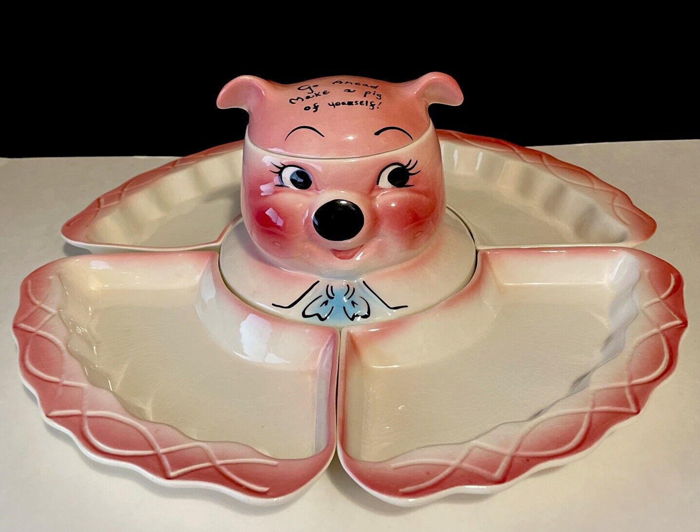 Vintage DeForest Of CA. PIGGY RELISH TRAY “Pig Of Yourself” 1950’s HP RARE