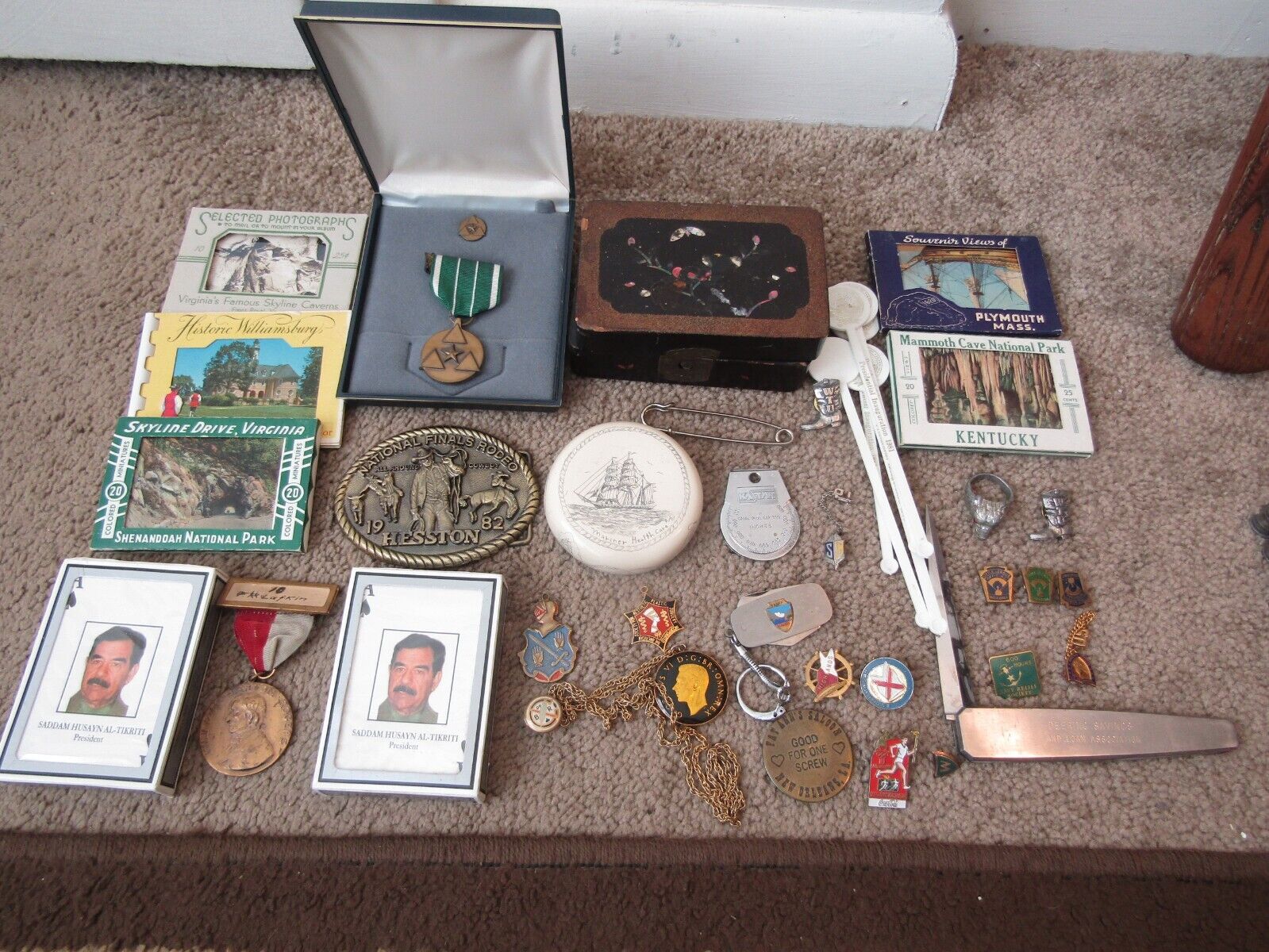 Vintage Junk Drawer Lot - Masonic, medals, pins knife Reagan Pres bar sticks etc