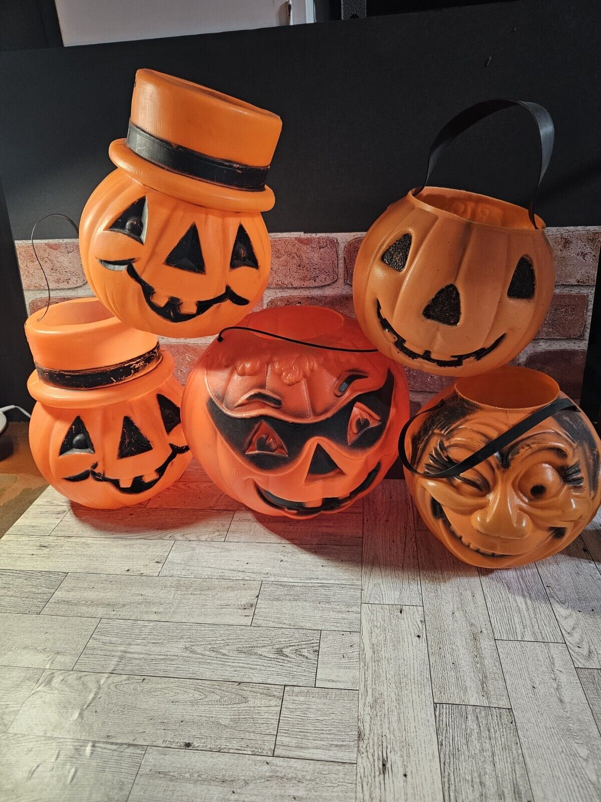 5 Vintage Halloween Buckets Topstone Winking Pumpkin blowmold 2 Face