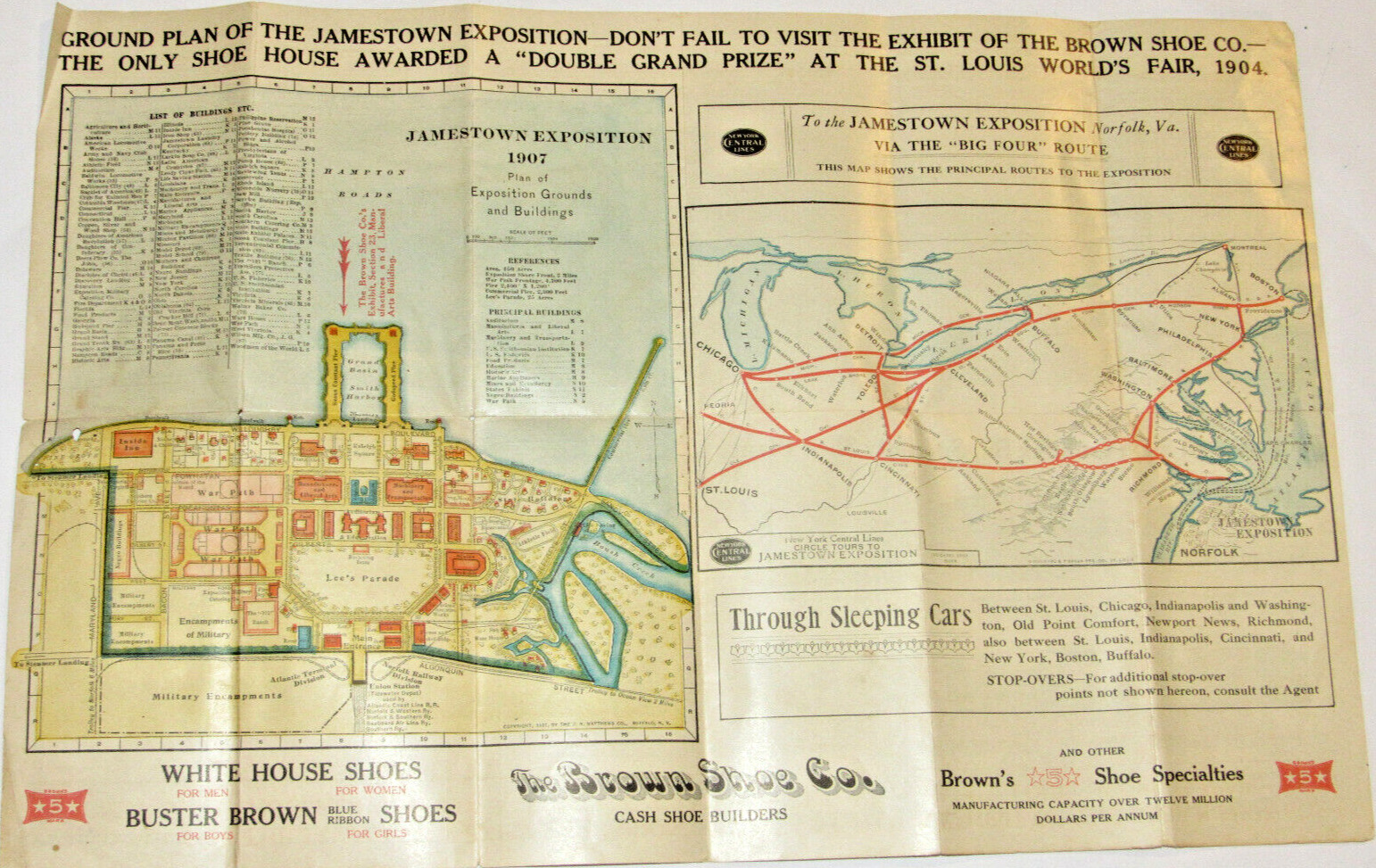VTG 1907 JAMESTOWN EXPOSITION GROUND PLAN BROWN SHOE CO ADVERTISING/POCKET SIZE