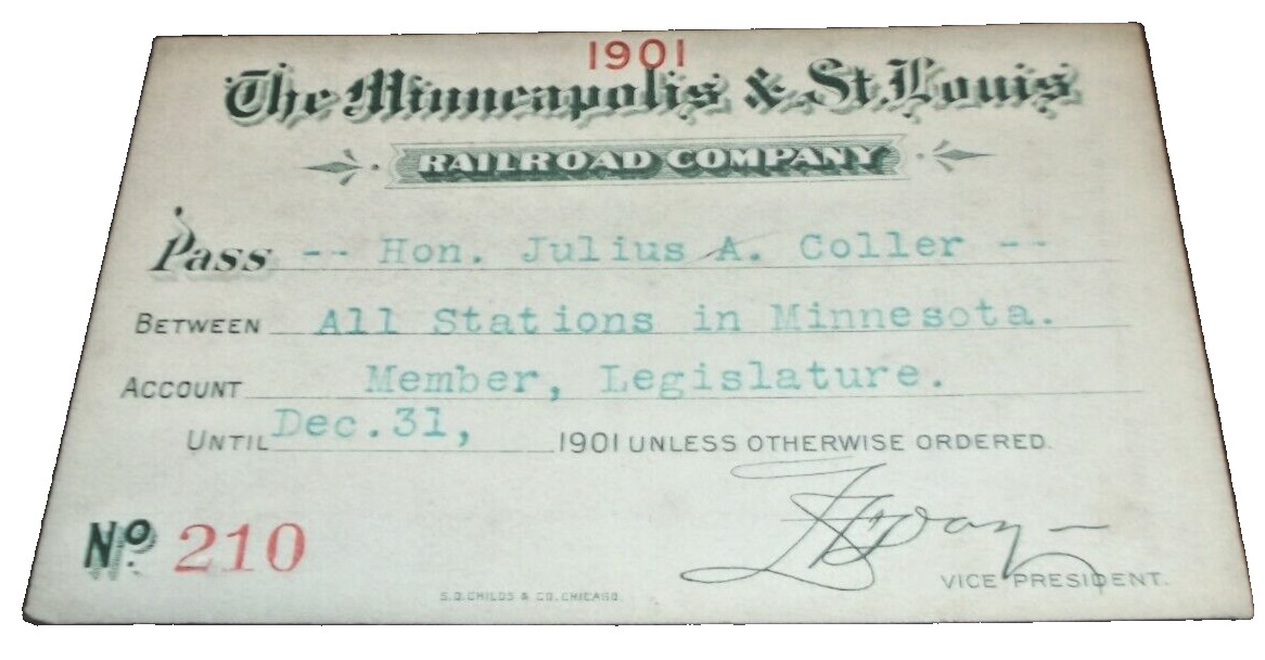 1901 MINNEAPOLIS & ST. LOUIS RAILROAD COMPANY EMPLOYEE PASS #210 M&St.L