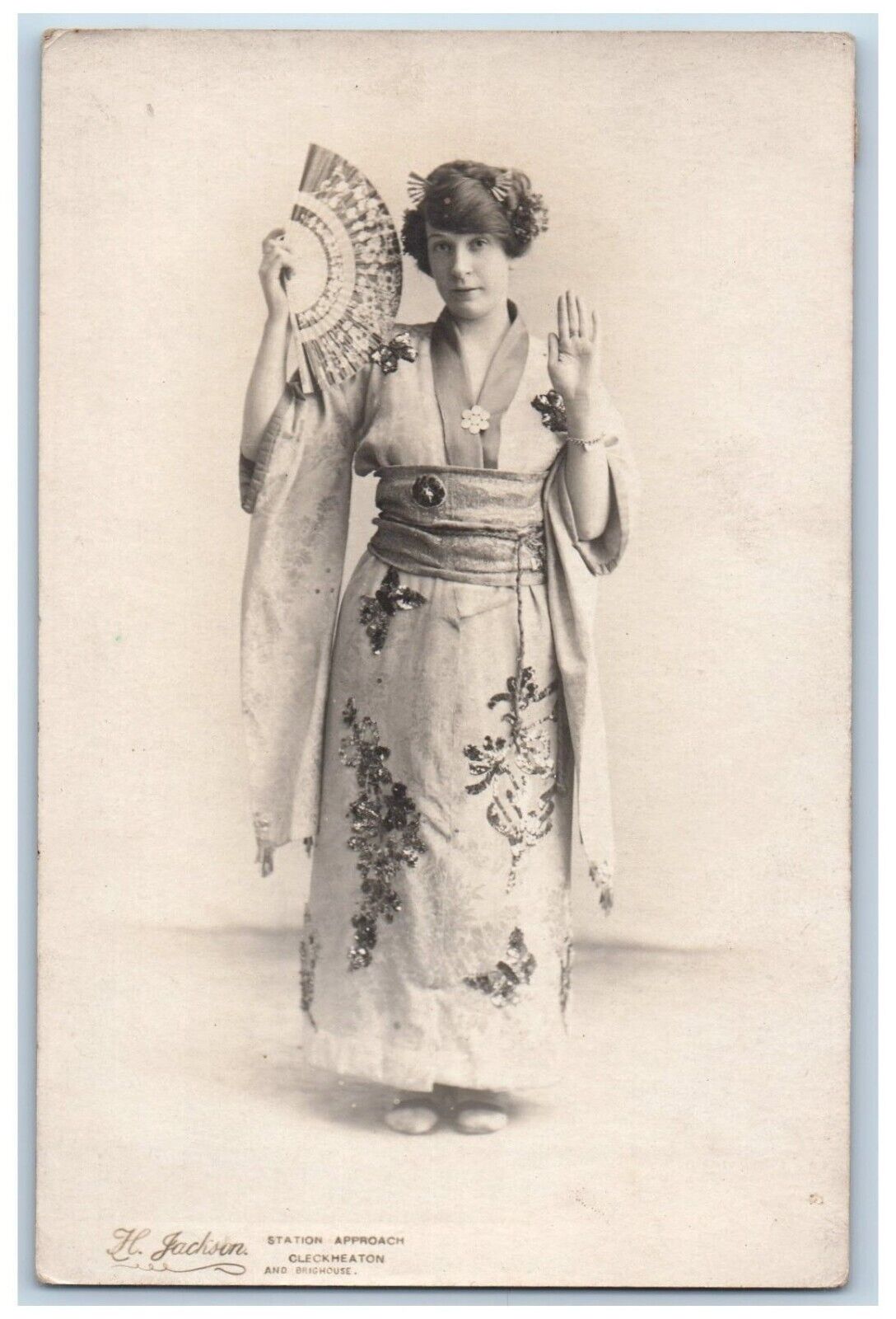 Japanese Kimono Postcard RPPC Photo Pretty Woman With Fan c1910\'s Antique
