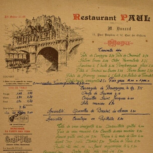 1967 Maison Paul Restaurant Menu Place Dauphine Quai Des Orfevres Paris France