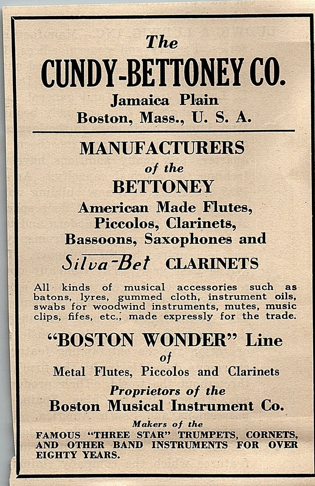 1927 SILVA-BET CLARINETS CUNDY-BETTONEY INSTRUMENTS VINTAGE ADVERTISMENT 37-55