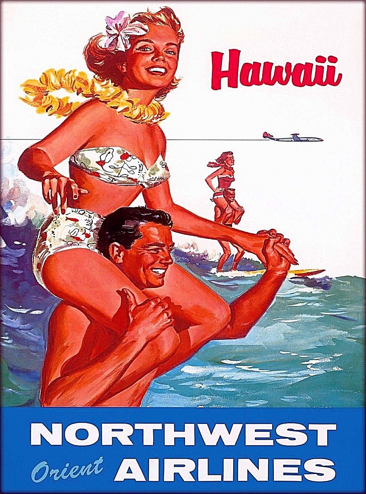 Hawaii Surf Surfing Hawaiian Vintage United States Travel Advertisement Poster 