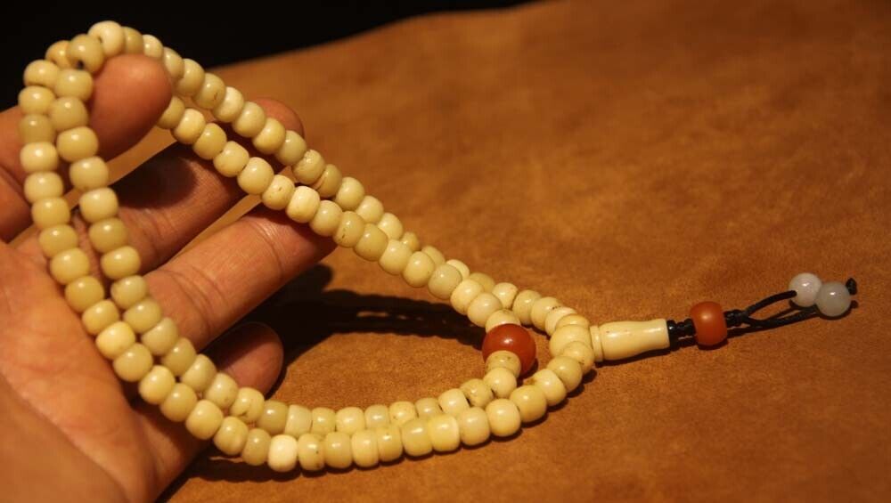 Real Tibet 100 Piece Old Antique Buddhist Camel Bone Mala Prayer Beads Amulet