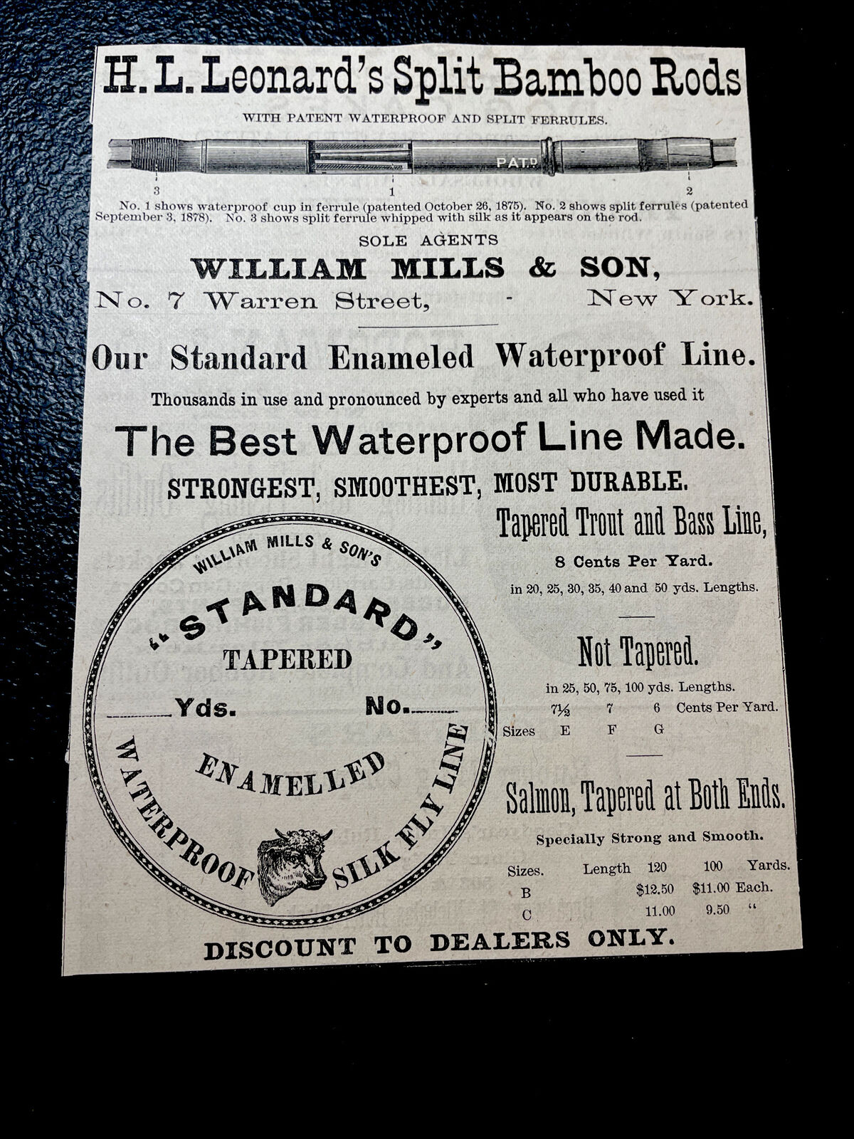 1882 H.L. Leonard Bamboo Fishing Rods Advertising - New York